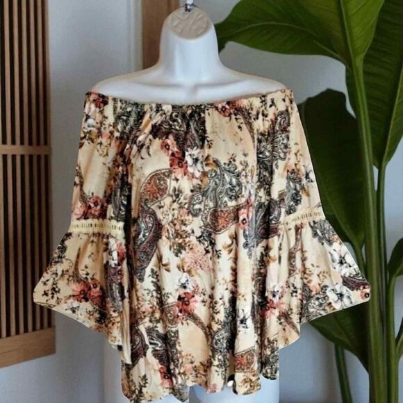 Naif Womens Large Beige Floral Blouse Top Boho Wide Arm Paisley Floral Print - Picture 2 of 13